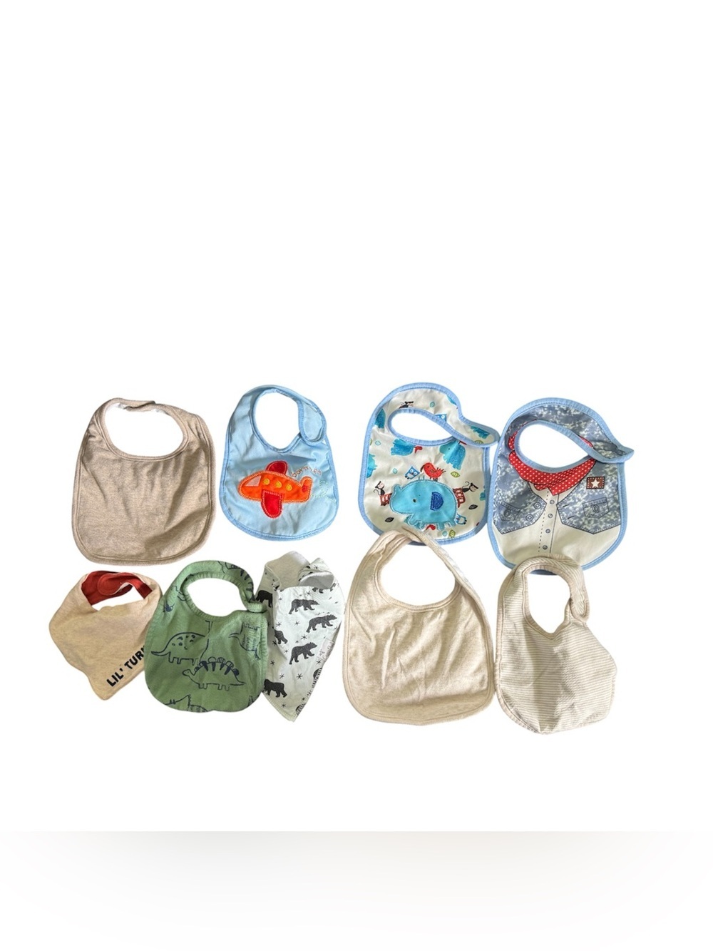 Lot of 9 Mixed Baby Bibs - Animals, Dinosaurs, Plane, & Neutrals